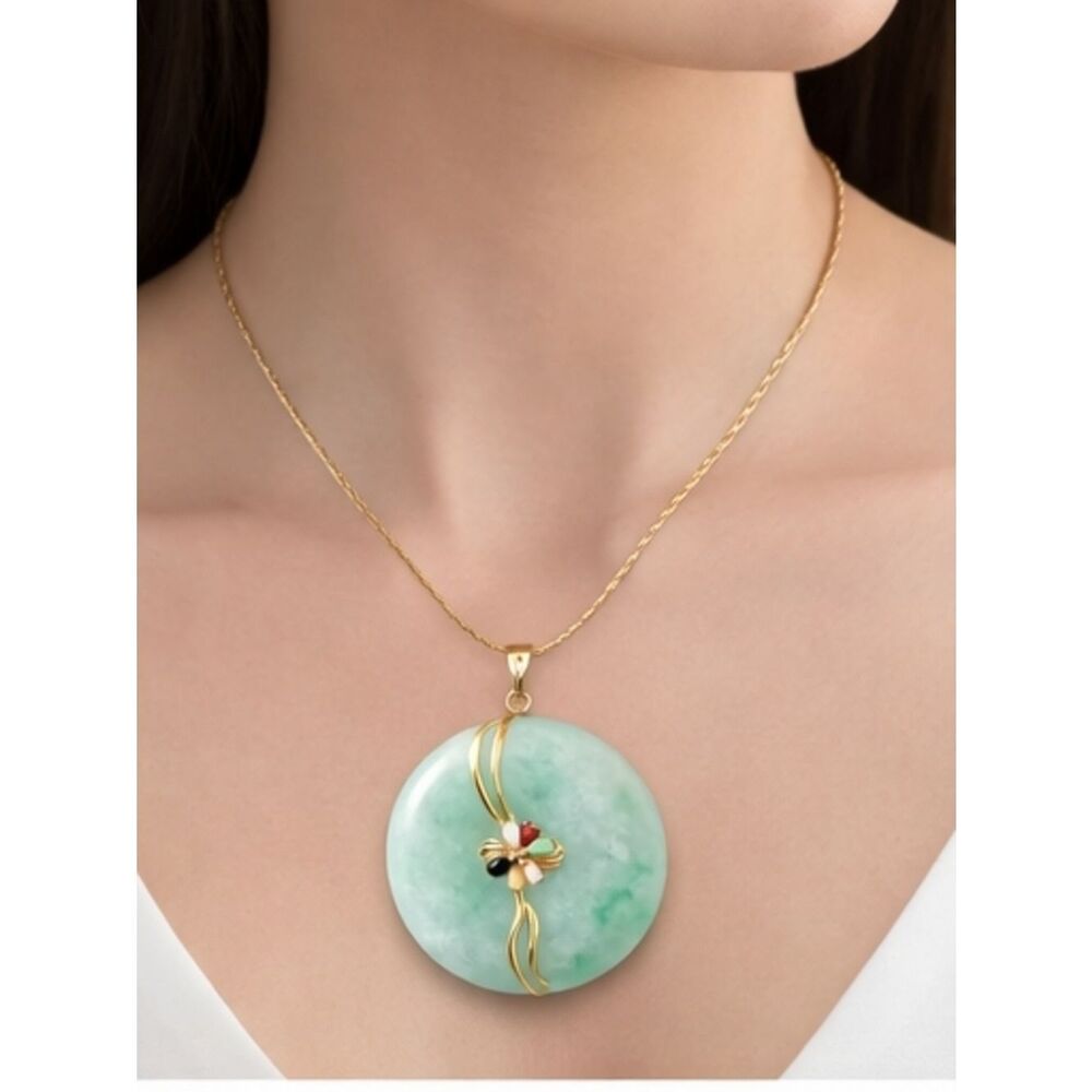 Jade Pendant Necklace 14K Gold Multicolor Gemstone Disc